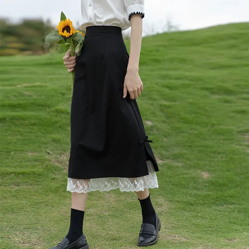 cute skirts Rimocy Vintage Black Lace Long Skirt Women 2022 Summer Bowtie High Waist A Line Skirts Woman Japanese Split Midi Skirt Ladies skorts for women