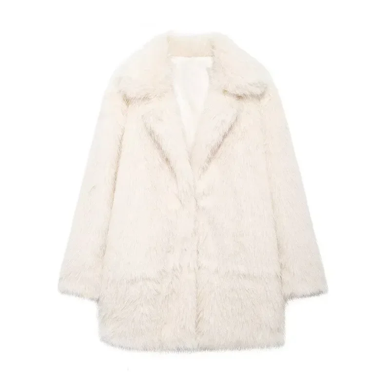 Fashion Solid Fluffy Faux Fur Coat Women Lapel Long Sleeve Thick Warm Loose Jackets 2025 Winter Elegant High Street Outerwear