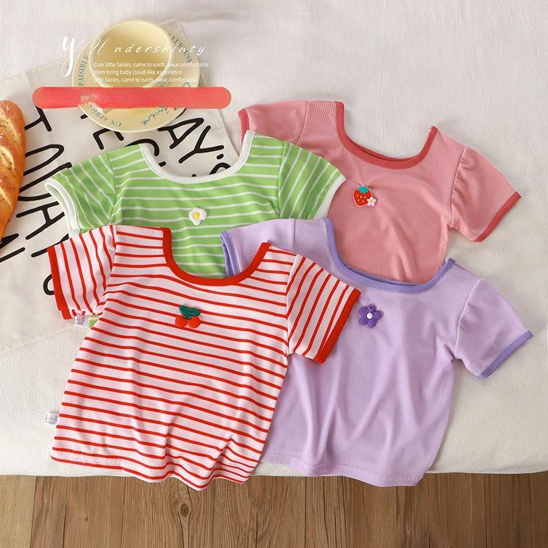 2026 New Baby Girls Tees Short Sleeve T-shirt Summer Square Collar Tops Multifunctional Casual Versatile Children's Clothing