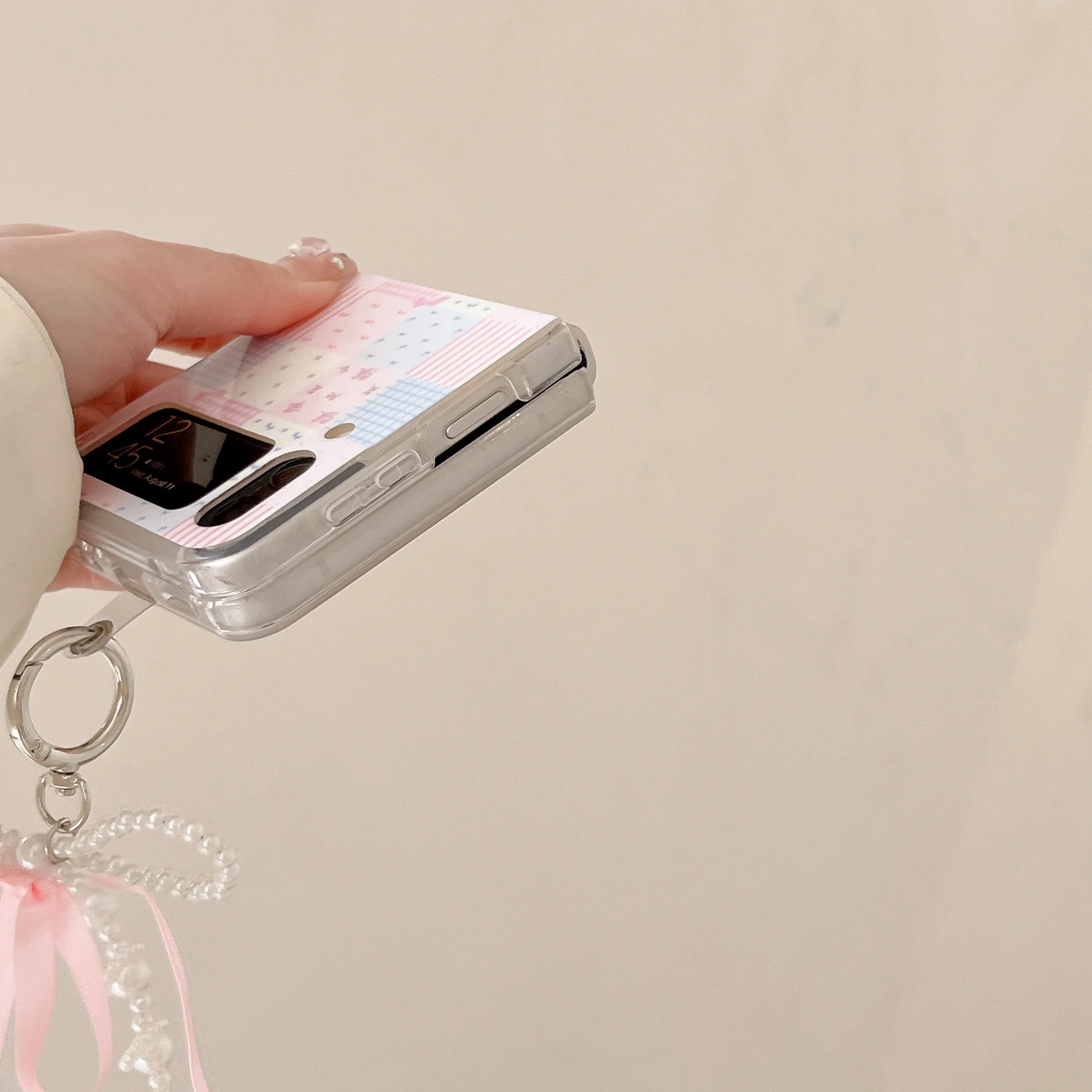 Adorable Pink Lattice Cartoon Puppy Phone Case with Pearl Ribbon Bowknot Pendant
