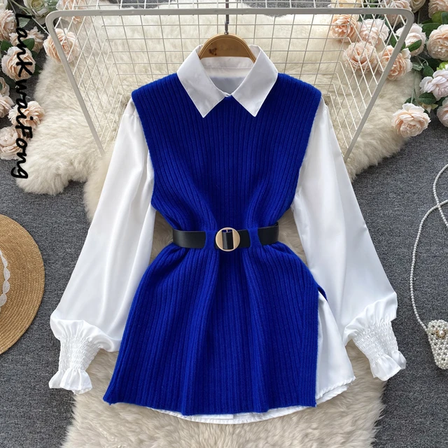 two piece knitted shirt top with belt