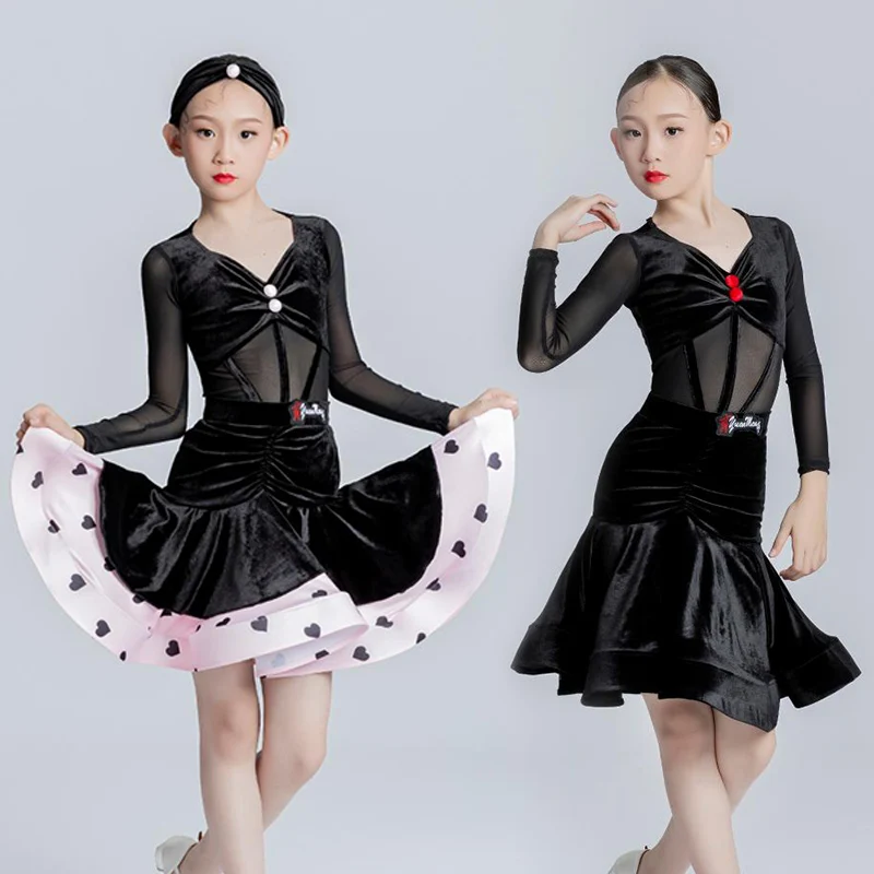 

2023 Latin Dance Competition Costume Long Sleeve Practice Clothes ChaCha Tango Dress Velvet Split Suit Bodysuit Skirt DL10135