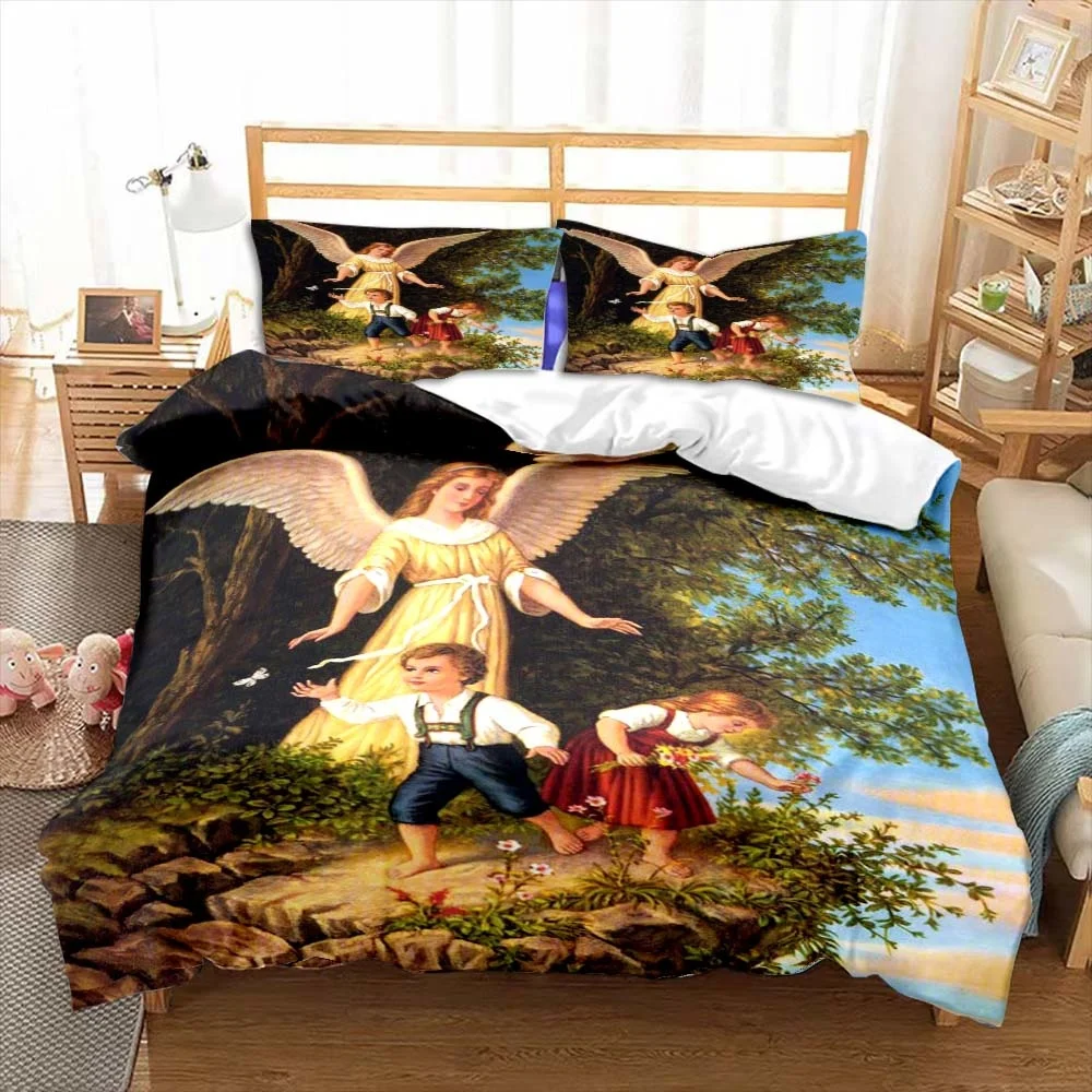 

Guardian Angel Bedding Set 3 Pieces Bed Linen Full Double King Comforter Set Virgin Mary Kids Child Room Decor Duvet Cover Sets