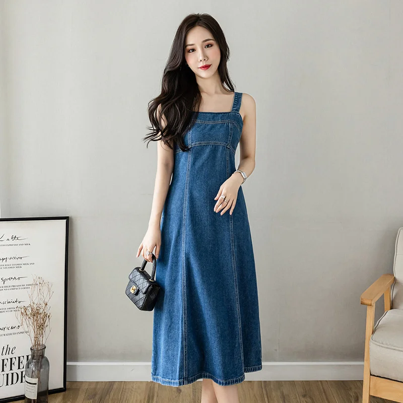 

#2736 Summer Backless Midi Dress Women Strapless Denim Dress Female Sexy High Waisted Overall A-line Dress Femme Spaghetti Strap