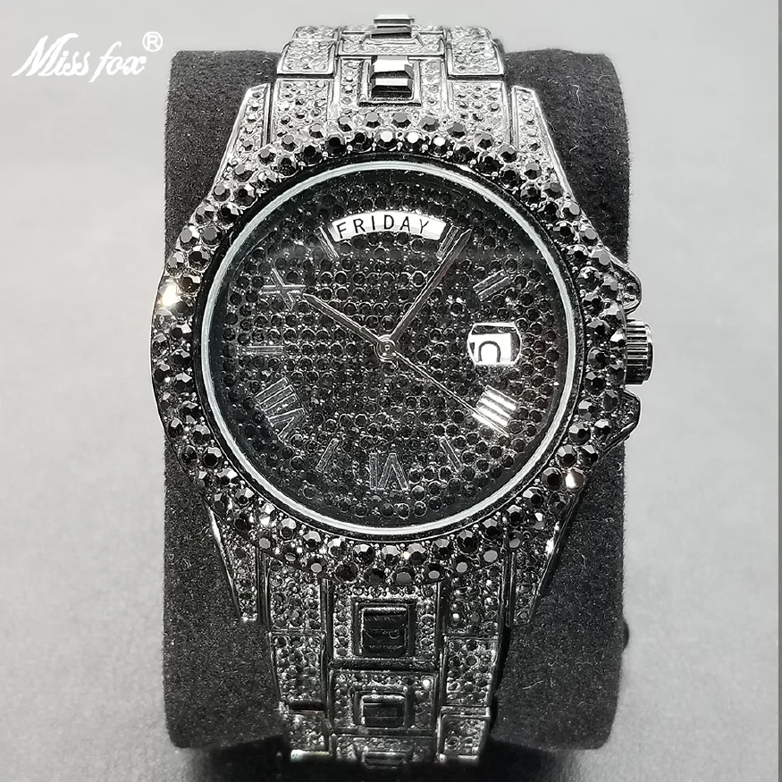 

New Ice Out Black Men Watches Luxury Moissanite Day Date Watch Fashion Hip Hop Waterproof Wristwatch 2023 Best Selling Product