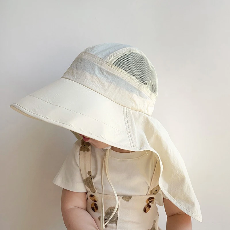 Solid Color Summer Sun Hat for Boy Girl Korean Big Brim Fisherman Cap Kids Quick Dry Mesh Anti UV Beach Cap with Neck Cover 3