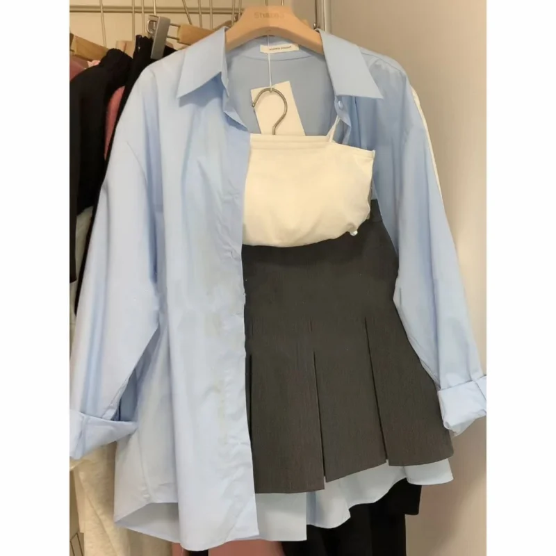 2024 New Summer Women's Gentle Style Wearing Korean version Sling Loose Striped Shirt Half Skirt 3-Piece Set