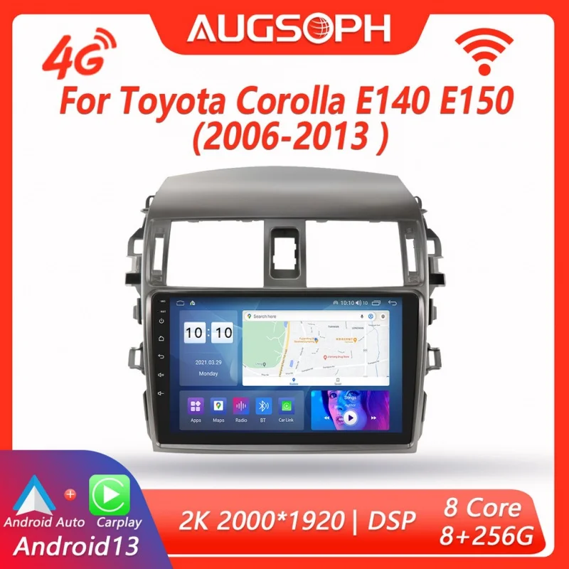 

Автомобильный радиоприемник Android 13 для Toyota Corolla E140 E150 2006-2013, 9 дюймов 2K мультимедийный плеер с 4G Carplay и 2Din GPS