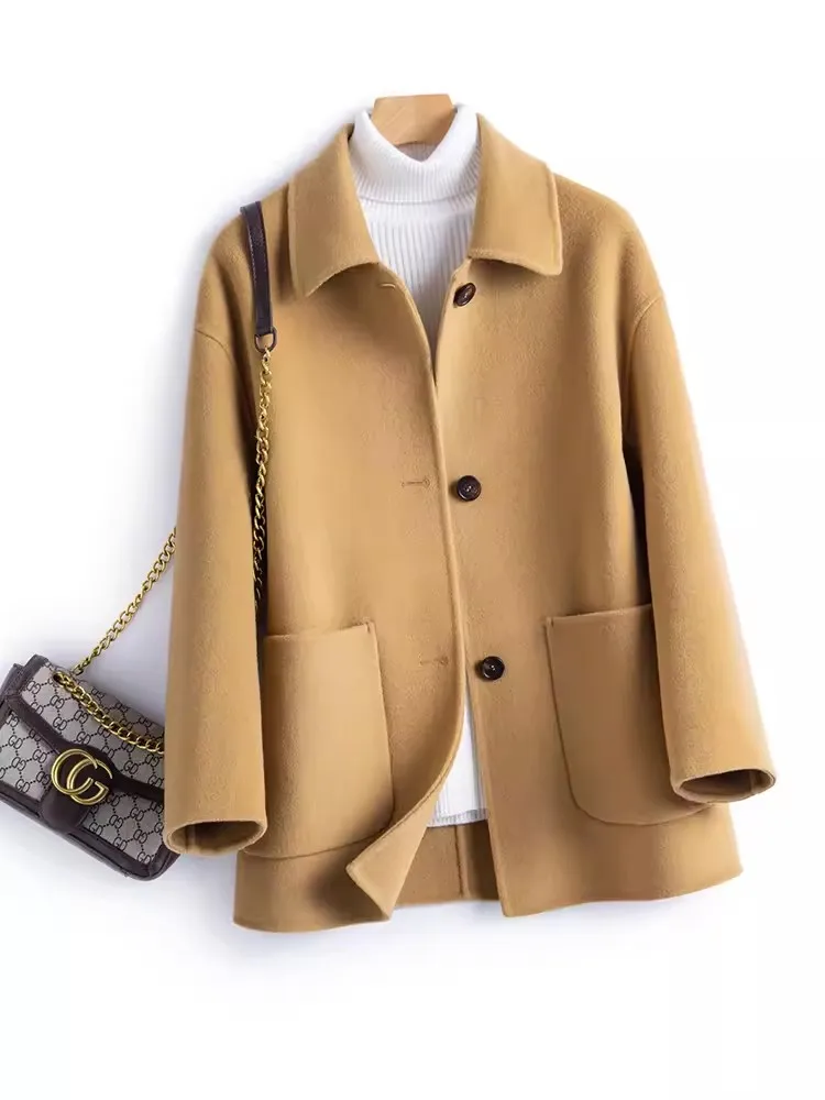 

2024 New Autumn Winter Coat Women Short Woolen Jacket Korean Single-Breasted Doll Collar Camel Black Beige Cashmere Outerwear