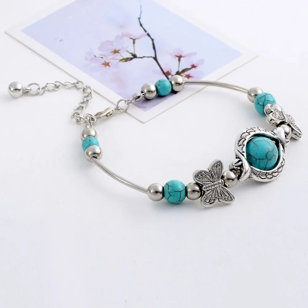 Beaded Bracelet Delysia King Trendy Women Butterfly Bracelet Carved Pattern Personality Turquoise Hand Chain