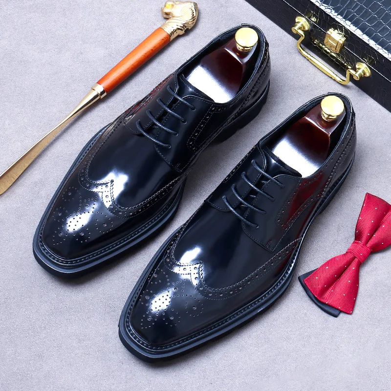 British Business Leather Shoes Formal Cowhide Thick-Soled Handmade Derby Shoes Stylish Men's Glossy Fine Craftsmanship Men Shoes 2