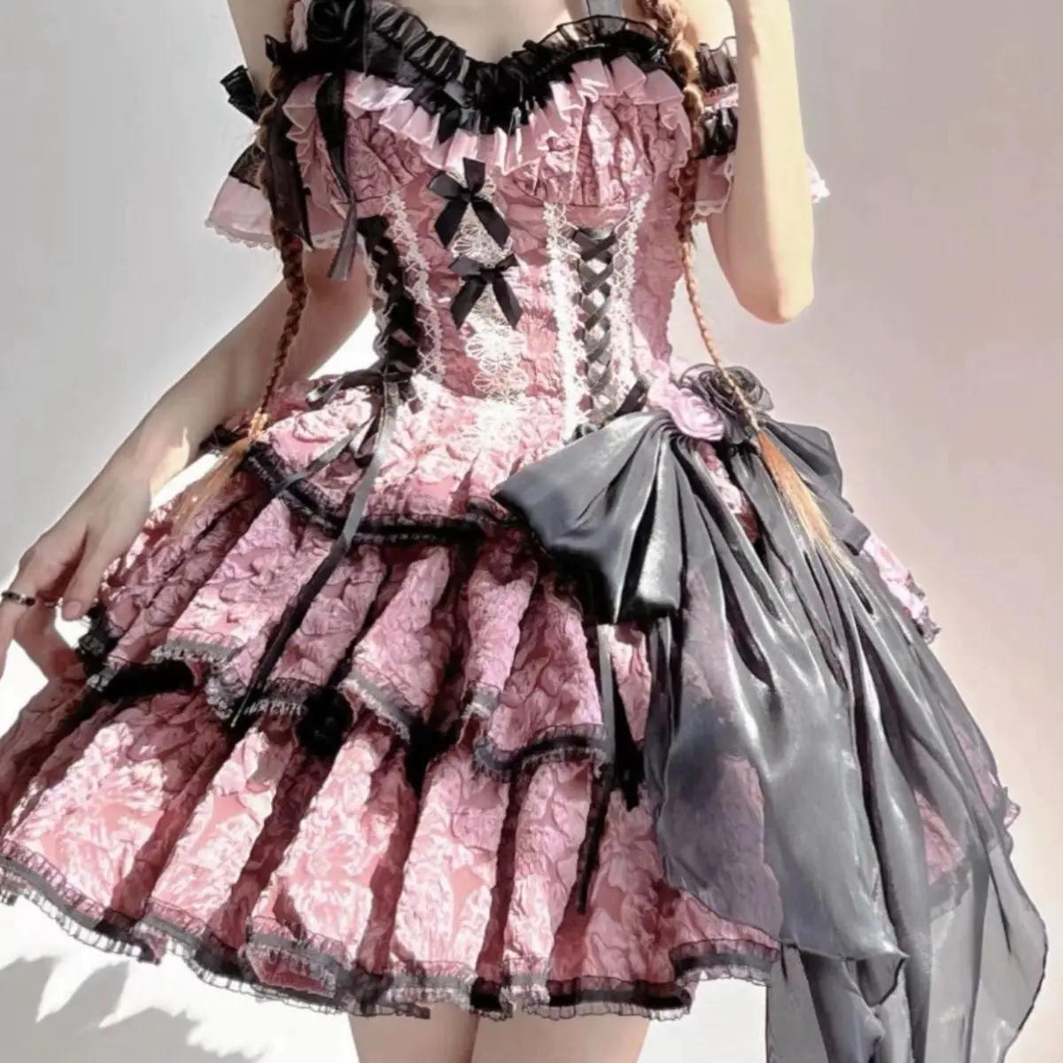 

Korea Three-stage Lolita Dress Goth Puff Sleeve Y2k Bandage Lace Trim Party Gothic Mini Dresses Ruffles Woman's Dress Vestidos