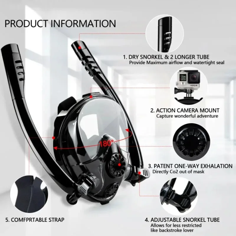 TRIMIX K2 Adult Full Face Snorkeling Mask, Panoramic Double Hose Breathing Separate Camera Mount Summer Swimming Silicone Dry