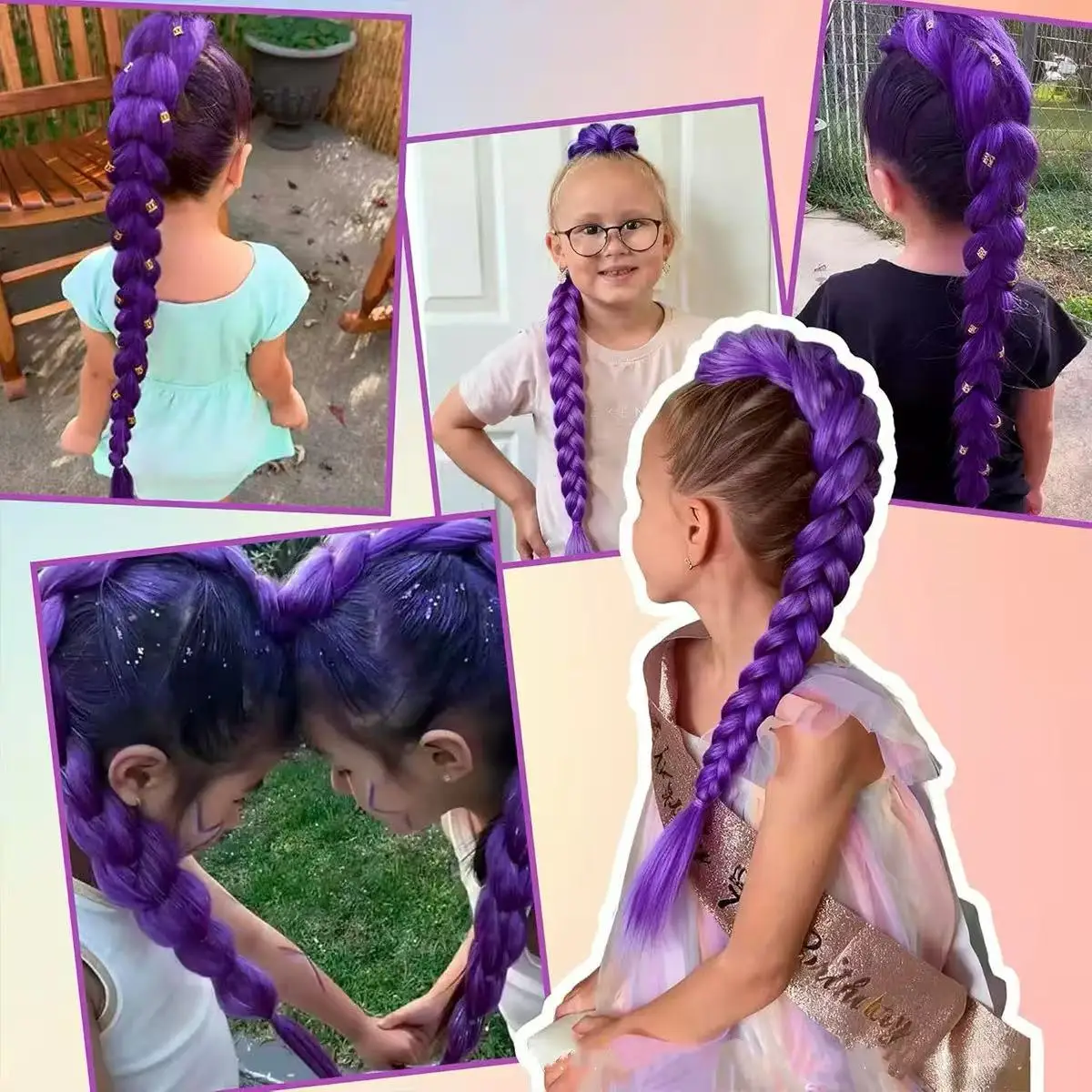 Parrucca Viola per Cosplay di Personaggi Anime KPop per Bambine, Costume Anime, Acconciatura con Coda di Cavallo Lunga 26 Pollici con Clip - immagine 5