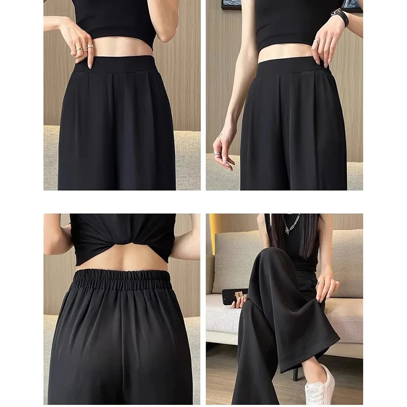 new Summer Casual Wide Leg Pants Women Korean Fashion High Waist Baggy Straight Pants Woman Solid Elastic Waist Full Trousers