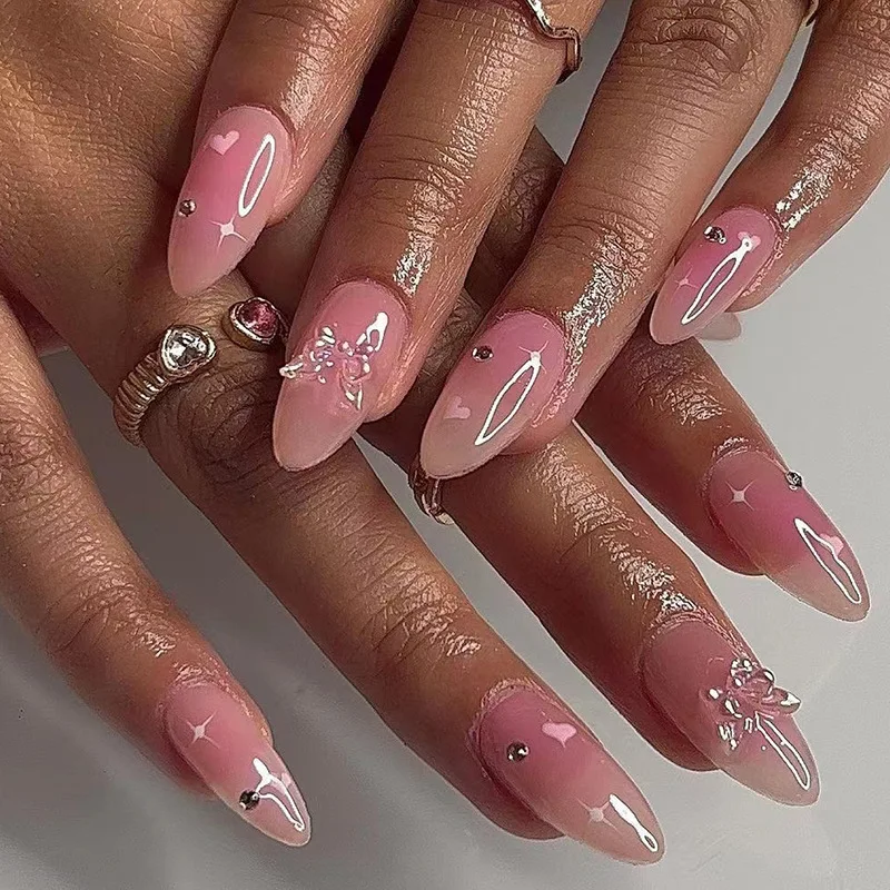 Unhas postiças redondas rosa com 24 peças, formato de amêndoa, com strass em formato de coração, pontas de unhas postiças de bailarina, totalmente personalizáveis_voghion.com