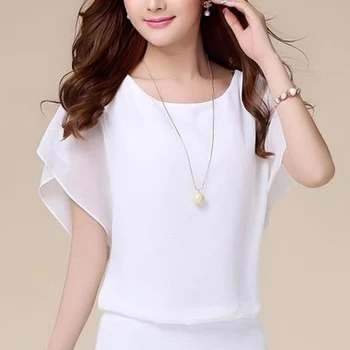 Chiffon Blouse Women Top Solid Color O Neck Loose Pullover Batwing Sleeve Ruffle Shirts Blouse Women's Clothing Casual Summertop 1