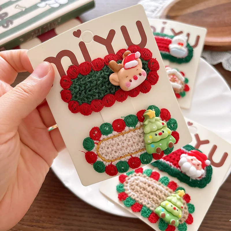 2PCS Christmas Hair Clips, Crochet Cartoon Xmas Hairpins for Girls Kids, Festive Party Christmas Hair Accessories Decorations