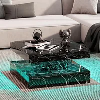 Black Marble Effect LED Coffee Table with 2 Layers of Storage Space, Modern Square Glossy Center Table, Wooden 20 Color Lighting 1