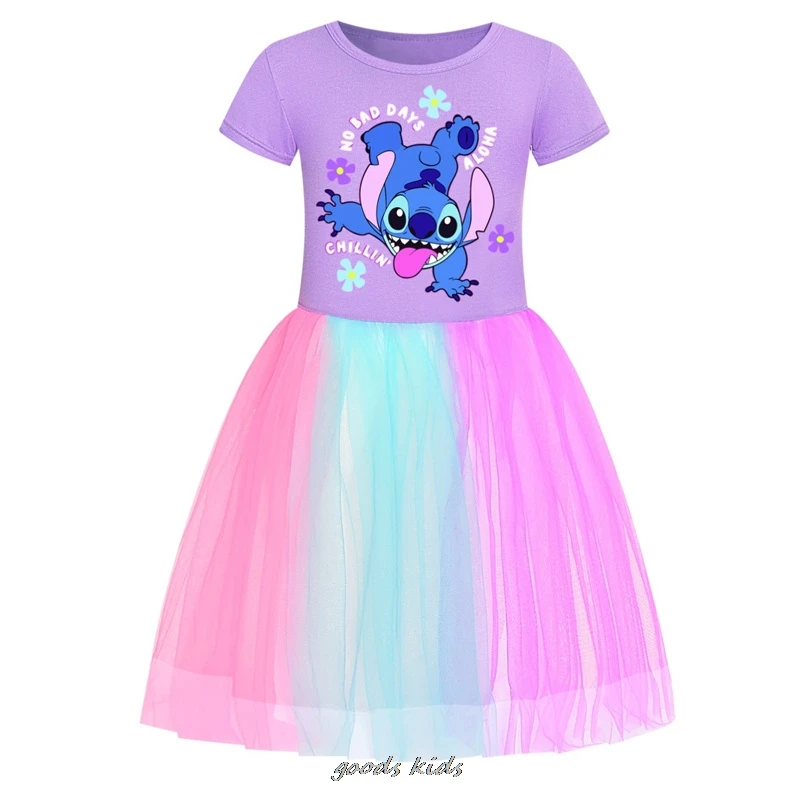 Vestido de malha arco-íris Lilo e Stitch para bebês, roupas infantis de manga curta, fantasia de princesa, vestido de verão fofo infantil