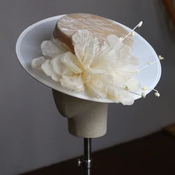 M011 British Vintage White Top Hat Wedding Bridal Handmade Flower Adjustable Travel Photography Outdoor Flat Top Hat