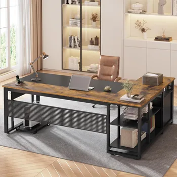 71 in Executive Desk with Power Outlets, Reversible L Shaped Desk with File Drawers & Storage Shelves, Large Office Desk Compute 3