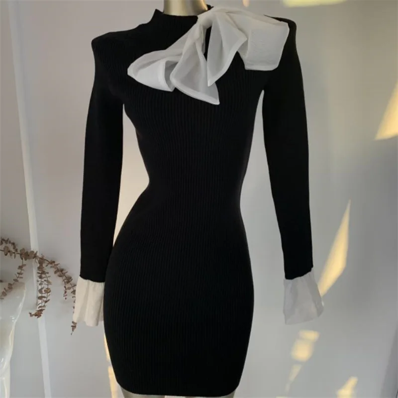 

Кружевное платье с бантом с длинным рукавом, черное тонкое трикотажное стрейчевое сексуальное платье для женщин