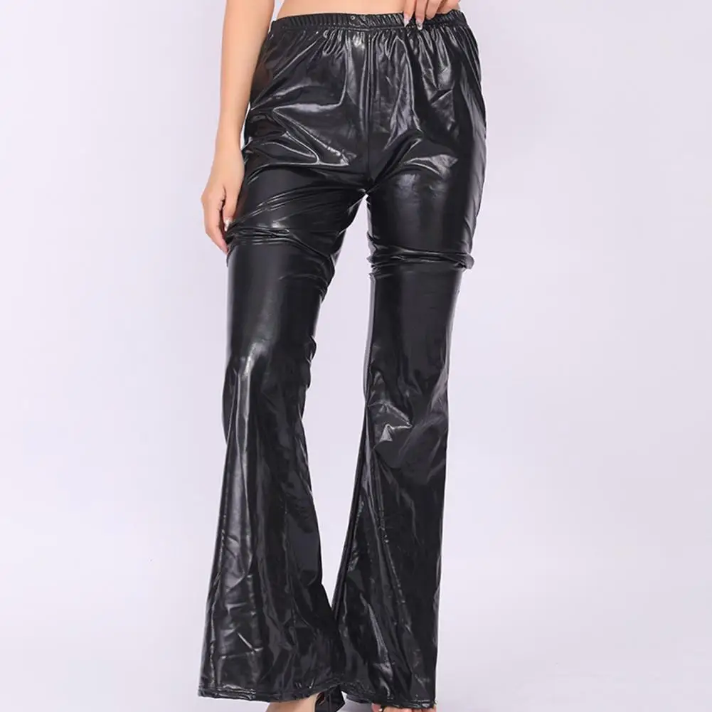 

Sexy PU Leather Metallic Pants Shiny Holographic Flare Pants Women Girls Elastic Waist Bell Bottom Trousers Clubwear