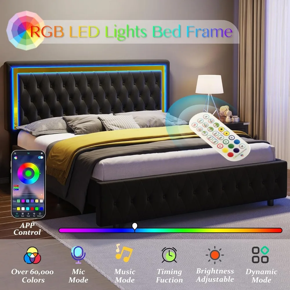 Bed Frame with LED Lights Headboard&Footboard, Velvet Upholstered Full Size Platform Bed Frame No Box Spring Need 3