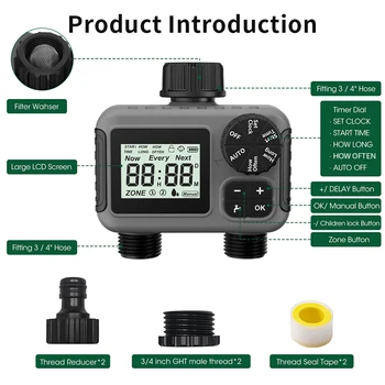 2 Zone Digital Water Timer Automatic Irrigation Controller 3/4'' Thread Sprinkler Timer Irrigation Watering System for Outdoor 1