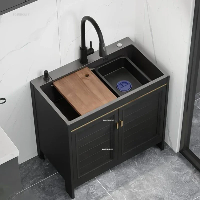 Stainless Steel Large Kitchen Sinks Integrated Cabinet Floor-standing Washing Sink with Cabinet Multifunctional Single-slot Sink