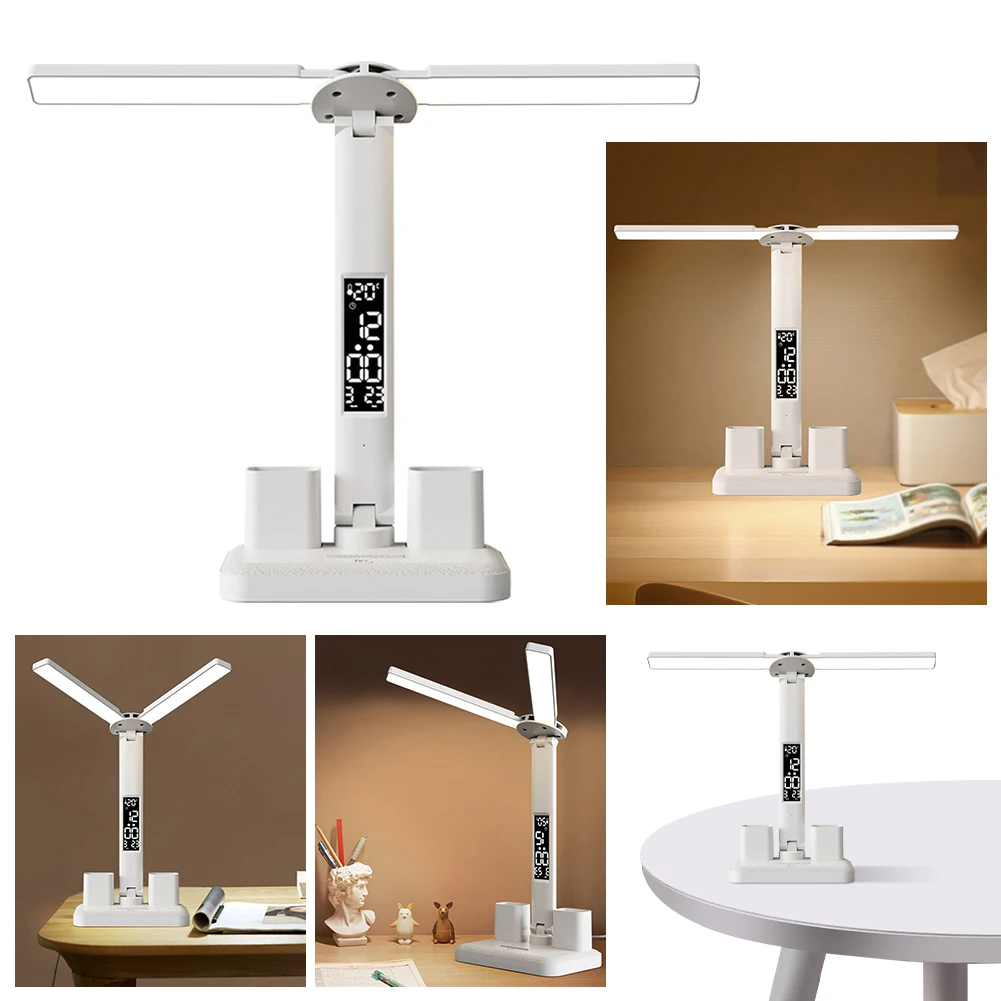 

Настольная лампа с часами и зарядкой от USB, настольная лампа с регулируемой яркостью и 2 головками, вращающаяся на 180 градусов, Складная Настольная лампа с защитой глаз для обучения детей