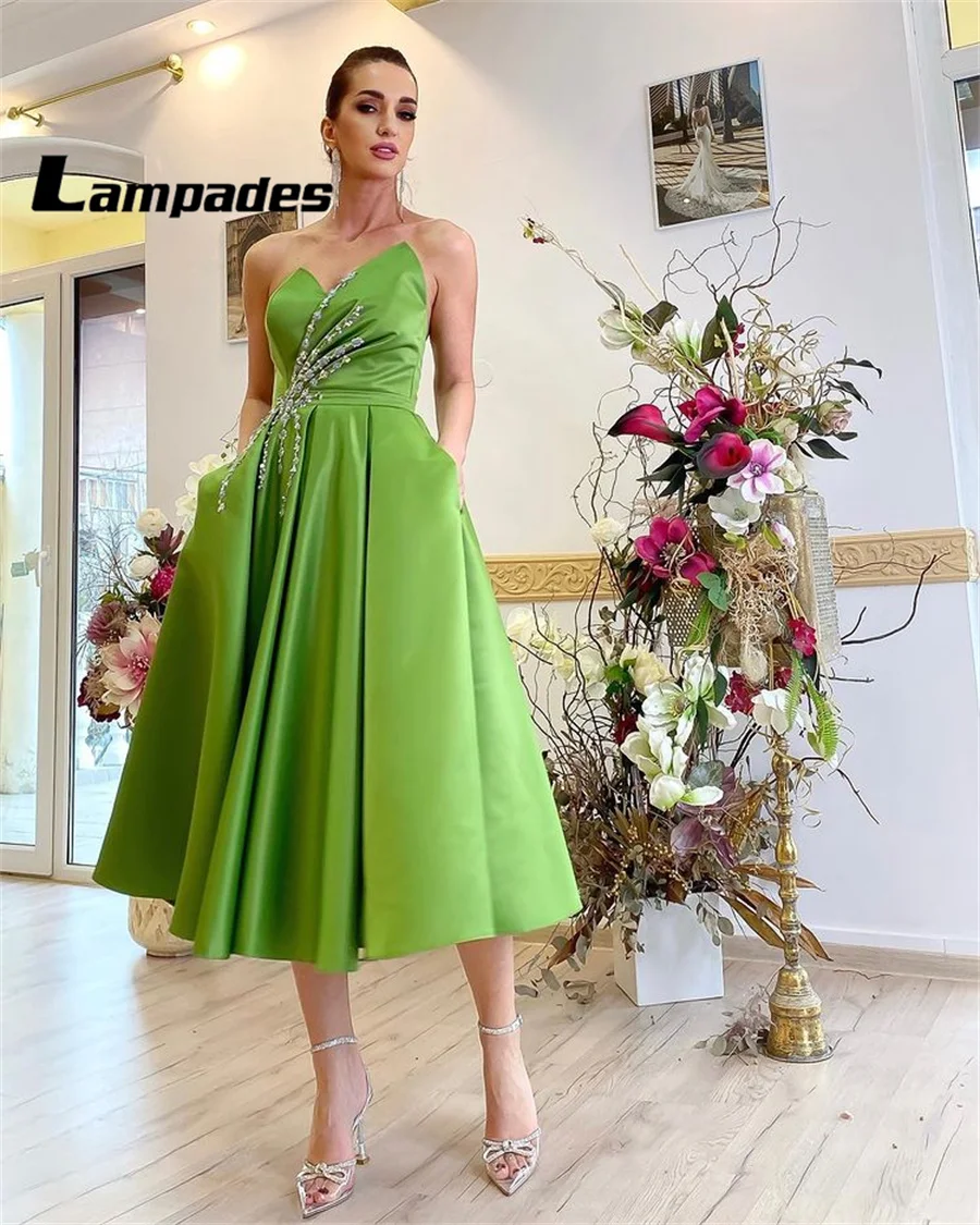 Strapless Crystals Matte Satin Ankle Length Cocktail Dress Abendkleider Elegant F&uuml;r Hochzeit Luxus Vestidos Cortos