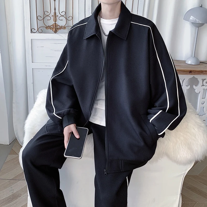 Youth Men Spring Autumn Fashion Breathable Tracksuit Casual Reflective Stripe Varsity Lapel Jacket+Sweatpants Two-Piece Streetwe