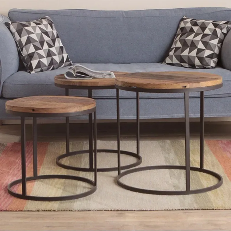 Metal Frame Industrial Sofa Corner Table Wood Round Side Coffee Industrial Vintage Table for Living Room 테이블 거실테이블