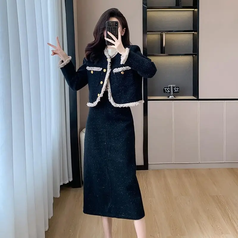 

High-end Sense Women's 2023 New Autumn and Winter New Small Fragrant Style Short Suit Coat High Waist A-line Skirt Two-piece Set