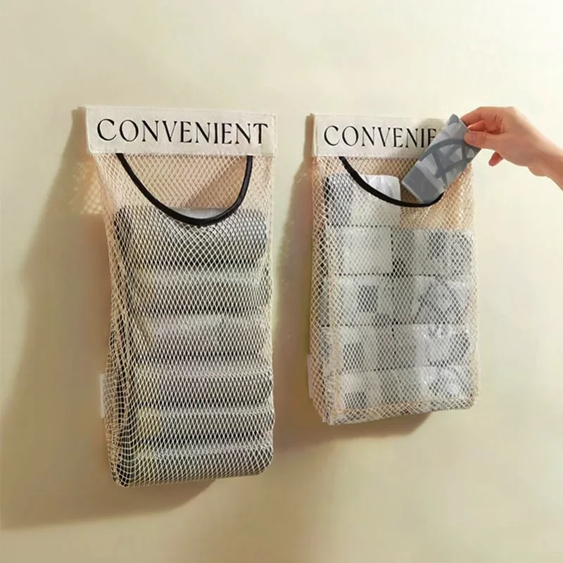 Wall Mount Mesh Storage Bag Garbage Bag Holder Plastic Shopping Bags Dispenser Sundries Net Storage Grocery Organizer