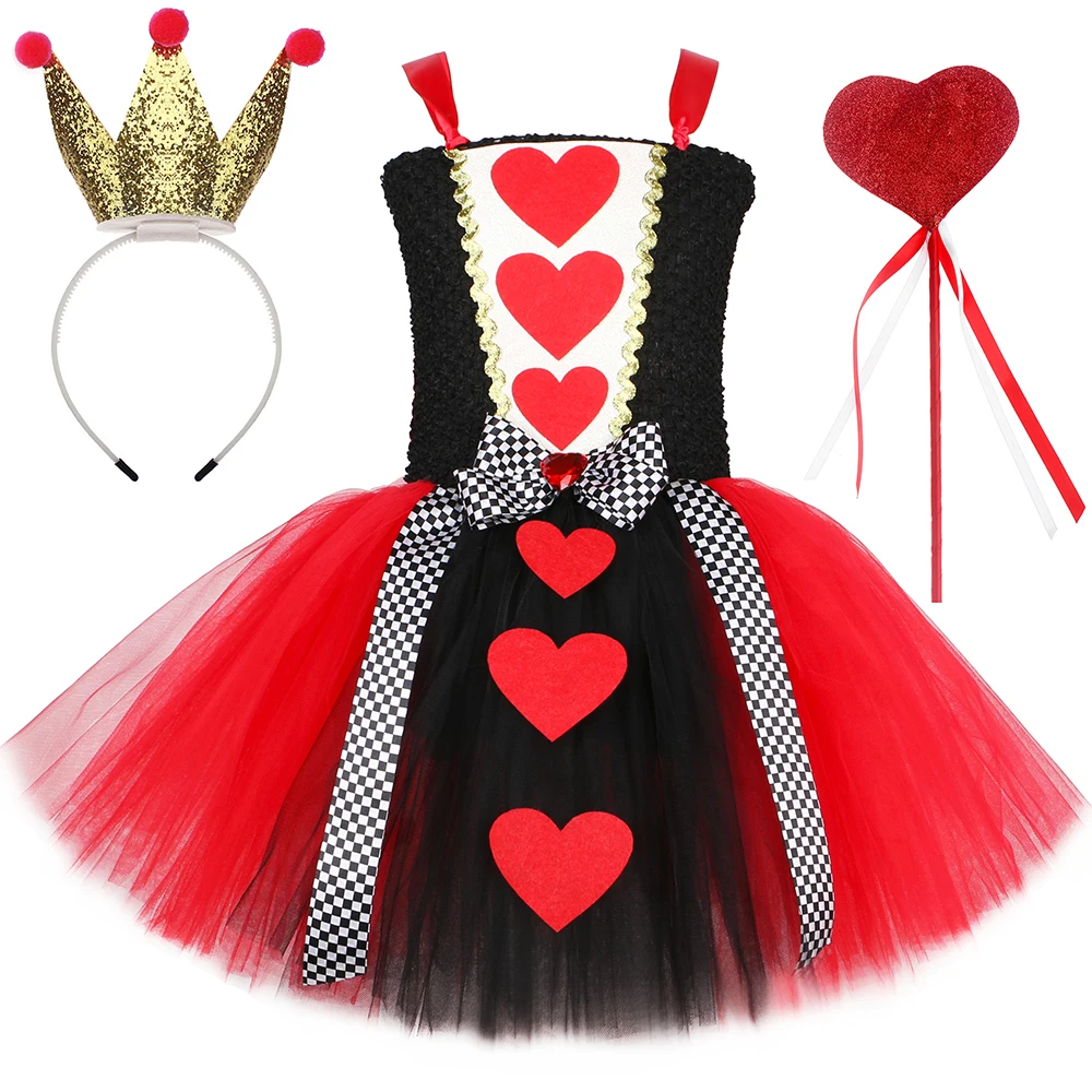 Queen Of Hearts Costume Girl Carnival Party Tutu Dress Up Wonderland Red Queen Cosplay Costume Di Halloween Per Bambini Vestiti Fantasia