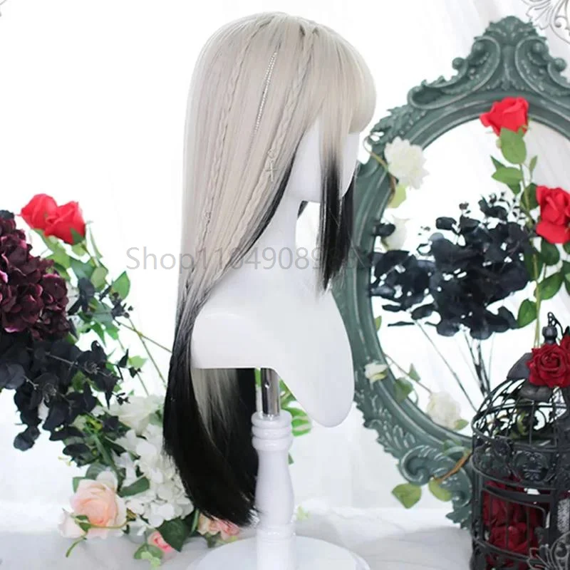 parrucca sintetica da donna con capelli lisci lunghi, parrucca grigia sfumata argento, parrucca cosplay lolita con frangia, parrucca da festa 2025 - immagine 3