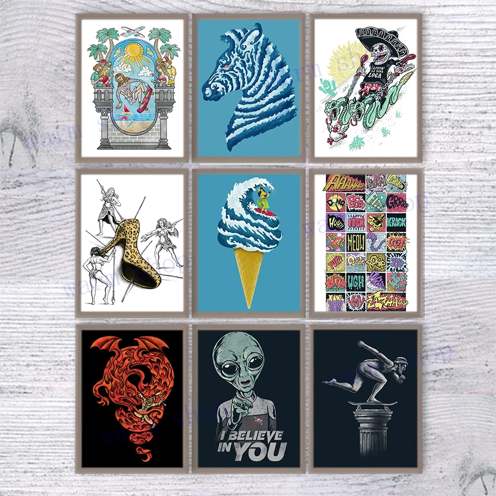 Pure Summer Feeling Shoes Hunter Art Poster Beluga Dancing Skater Sea Surfing Vintage Canvas Painting String Cat Nordic Decor