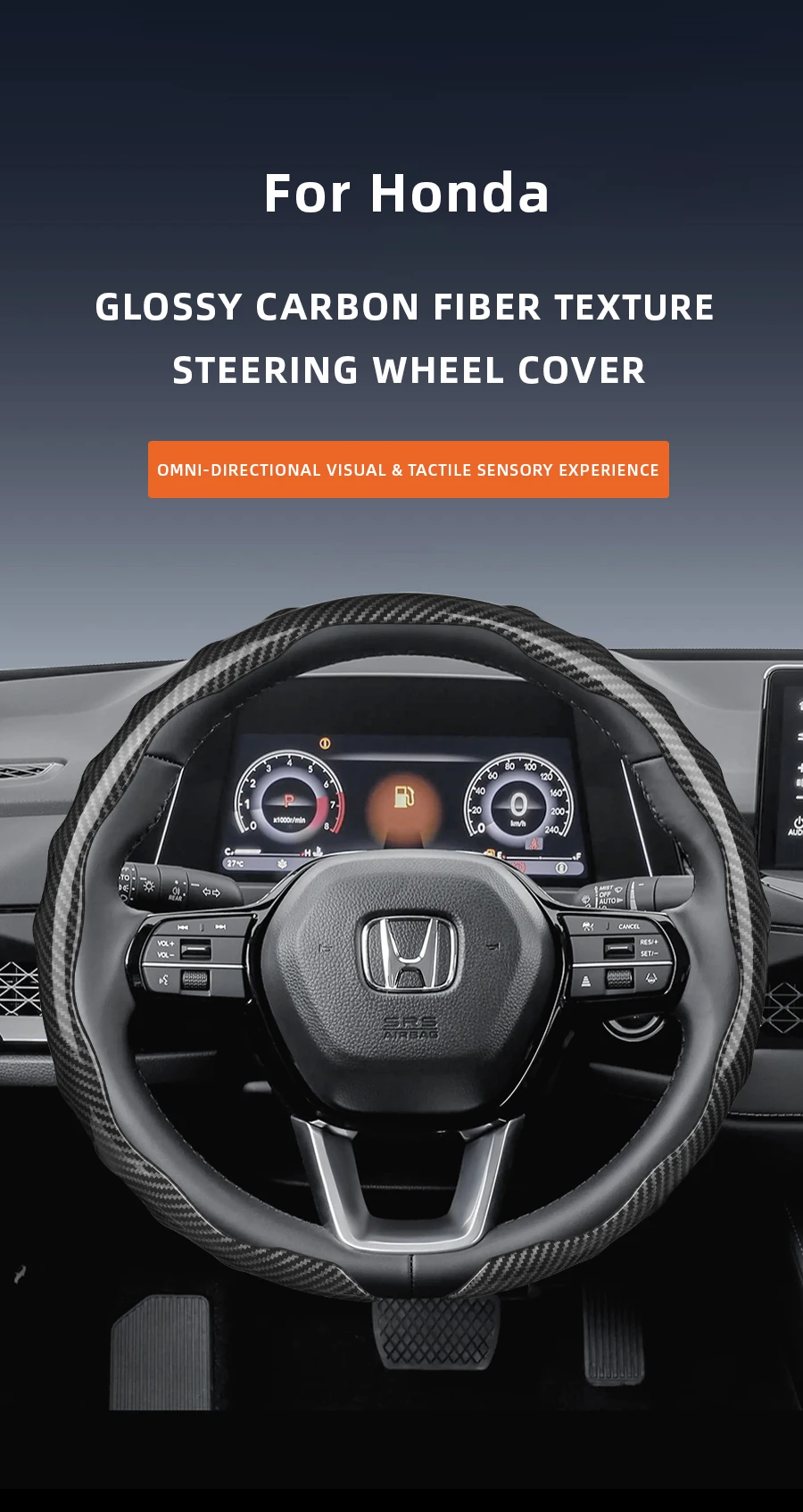 Passend für Honda Carbon Fiber Texture Lenkradbezug Snap-On Wave-Shaped Sports Design Schutzhülle Crv Civic Accord Hrv City Passport Pilot Odyssey Jazz Br-V Fit Ridgeline Prologue Wr-V Zr-V Br-V – Detail 1