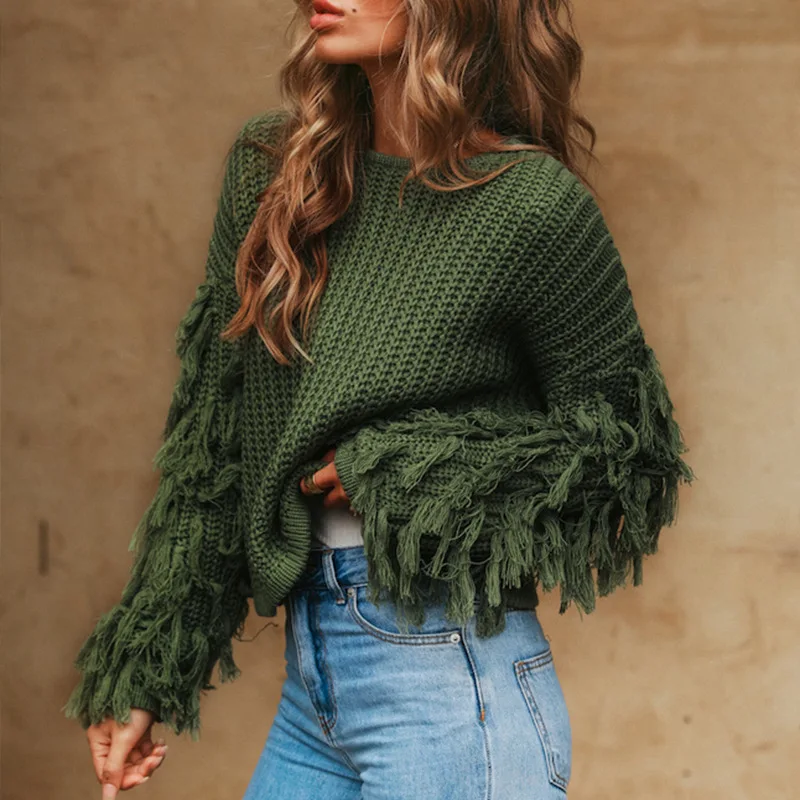 

Women's Tassel Sweater Long Sleeve High Collar Pullover Knitwear Autumn New Korea Fashion Knitted Loose Thick Sweater Tops Black