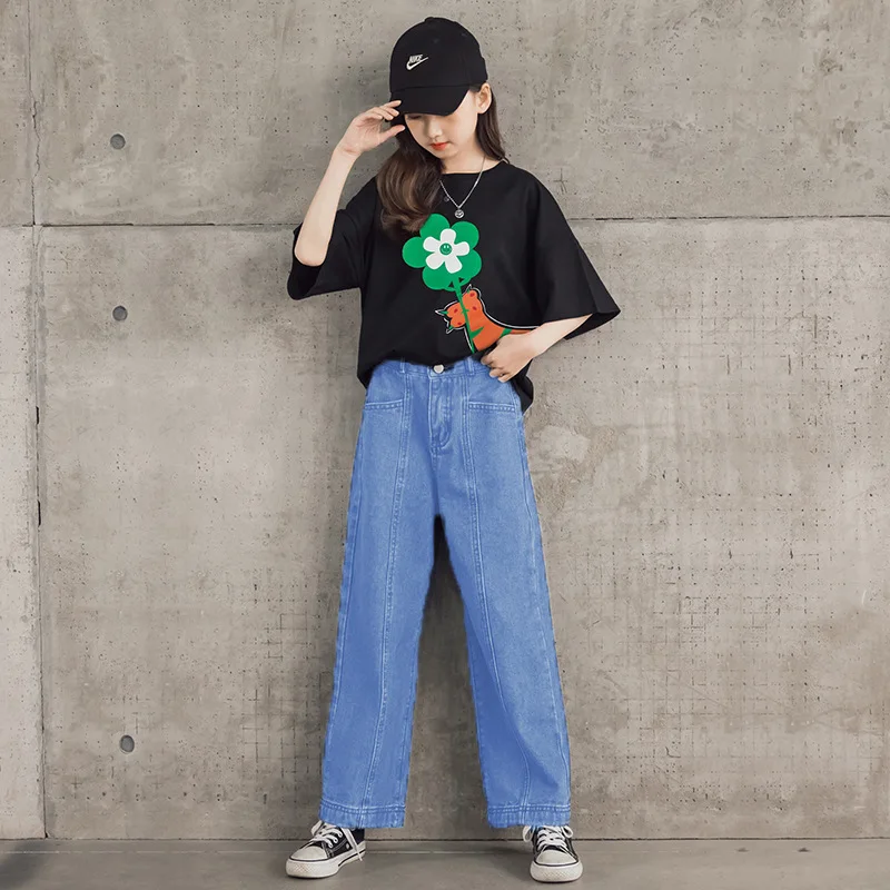 

4 5 6 7 8 9 10 11 12 Years Teen Girls Clothing Sets New Fashion Korean Version Tops And Denim Pants 2Pcs Outfits Kids Tracksuit
