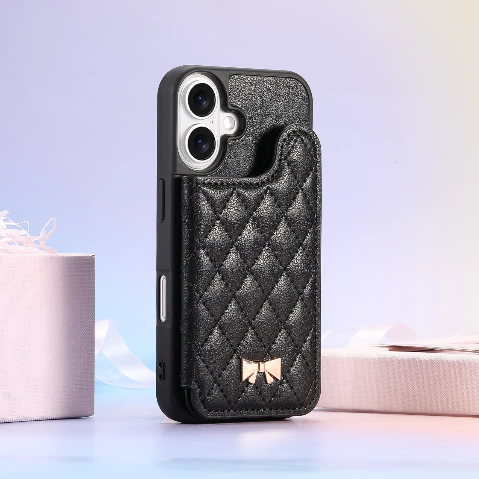Grid Pattern Leather Phone Case with Built-in Mirror and Card Pocket Wallet Cover