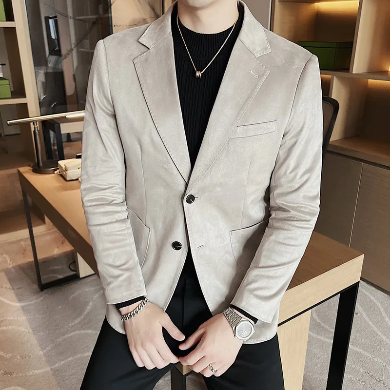 Men Deerskin Velvet Suede Fabric Suit Jacket Slim Suit Jacket Male Casual Business Single Button Blazer Coat Plus Size Xxxl