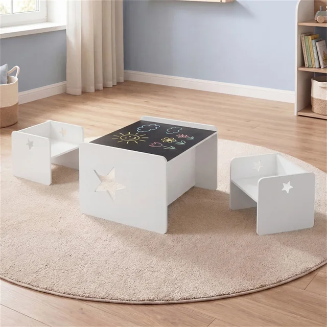 Kids Table and 2 Chairs Set with Chalkboard, Multi-Purpose Toddler Activity Table for Drawing, Eating & Studying
