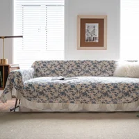 Cotton Linen Sofa Cover Blanket Vintage Blue Flowers Sofa Towel for Living Room Furniture Decor Tapestry Couch Cover 2