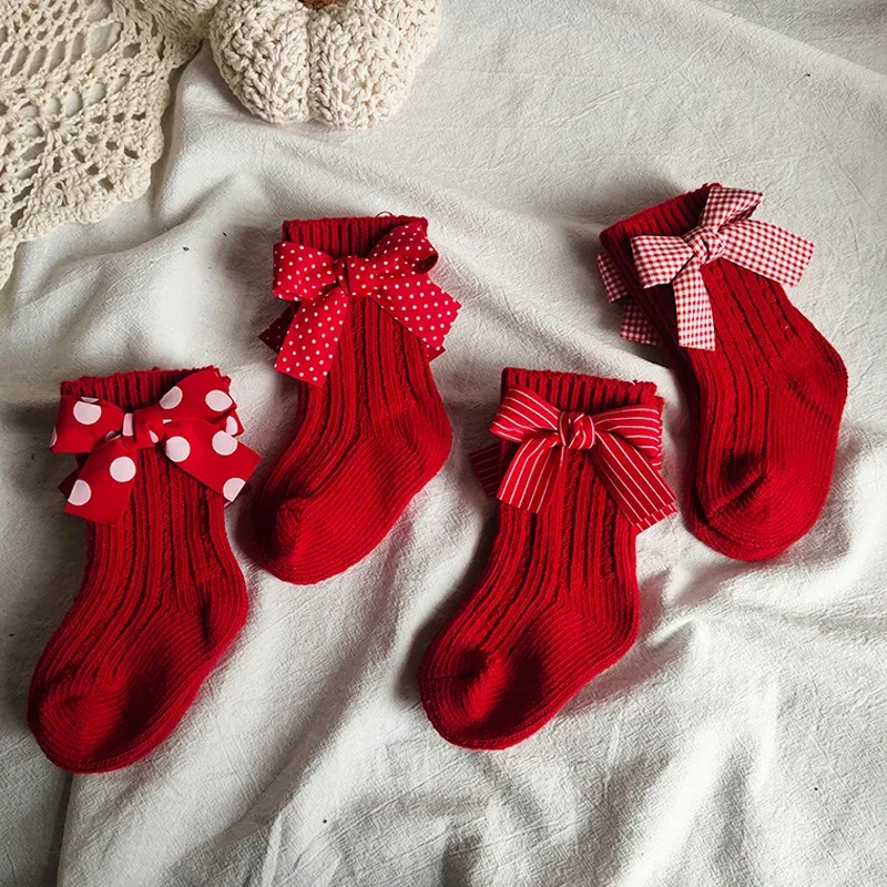 

Instagram Baby Christmas New Year Wool Stockings Baby 100 Days Old Spanish Bow Red Stockings for Children