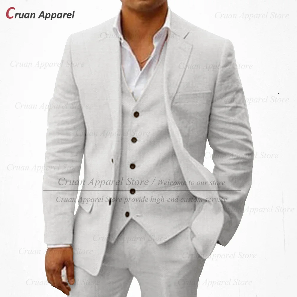 Men's Linen Suits Set Classic Beach Wedding Summer Business Jacket Vest Pants 20 Colors