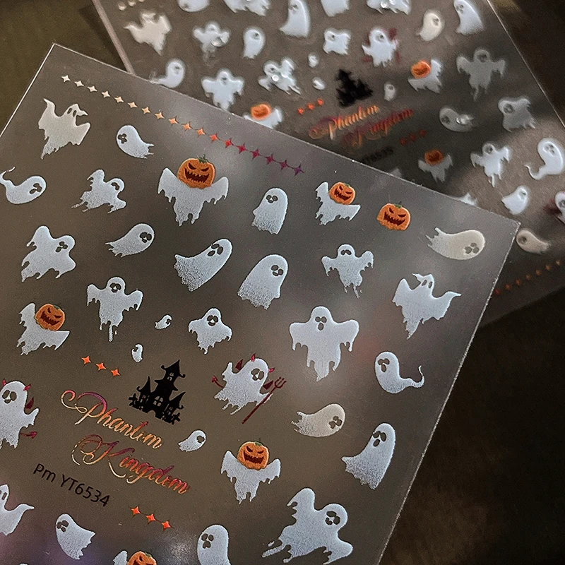 1 Sheet Halloween Ghost Nail Stickers - White Flutter Pumpkin Self-Adhesive Nail Decals, DIY Manicure Charms for Women Salon